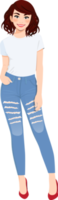 Beautiful girl in white T-shirts and blue jeans png