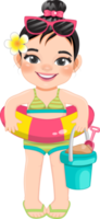 Beach girl in summer holiday.  Kids holding rubber ring cartoon character design png