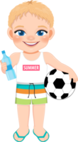 strand jongen in zomer vakantie. kinderen Holding Amerikaans voetbal en water fles tekenfilm karakter ontwerp png