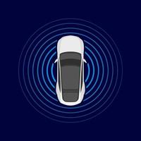 Autonomous car top view. Self driving vehicle with radar sensing system. Driverless automobile on road. vector