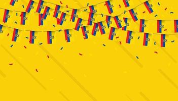 Ecuador celebration bunting flags with confetti and ribbons on yellow background. vector illustration.