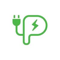 Plug in letter P icon, Green electric vehicle parking sign, EV car charging point, Parking space for Eco friendly hybrid cars. Vector