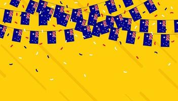 Australia celebration bunting flags with confetti and ribbons on yellow background. vector illustration.