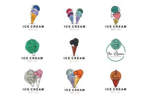 diseño de logotipo de helado, ilustración de alimentos fríos dulces frescos, vector favorito de los niños, marca de producto