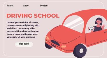 Driving school flyer concept. Young woman in little red car showing her driver license vector