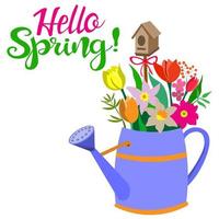 Spring greeting card - HELLO, SPRING. Blue metal watering can with spring flower of tulips and daffodils, with branches of greenery. Wooden house for birds. Vector eps10 for stickers, printing. Basket