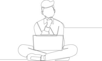 Continuous one line drawing student sitting and thinking about idea with laptop. Single line draw design vector graphic illustration.