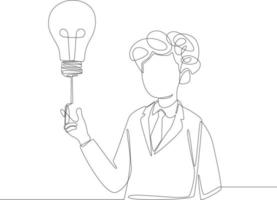 Single continuous line drawing of lecturer holding electric light lamp with finger isolated on white background. Concept of finding brilliant ideas. vector illustration.