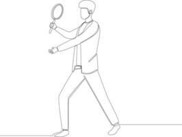 Continuous one line drawing young man holding magnifying glass and looking brilliant idea. Single line draw design vector graphic illustration.