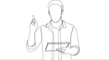 Continuous one line drawing Portrait of Young businessman standing and showing index finger sign on hand with tablet. Single line draw design vector graphic illustration.