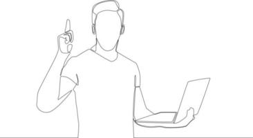 Continuous one line drawing of Manager show happy and rise up one finger. he finds idea from laptop. Single line draw design vector graphic illustration.
