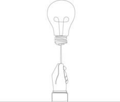 Single continuous line drawing of hands standing straight with electric light. Concept of finding brilliant ideas.  one line draw design vector illustration.