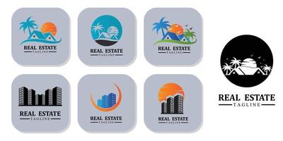 Real estate logo design icons with sun and birds free vector