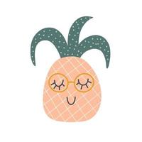 Funny pineapple character with happy face. Vector cartoon illustration in simple hand-drawn Scandinavian style.