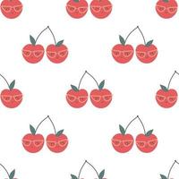 Cherry creative seamless pattern. Funny red characters with happy faces. Vector cartoon illustration in simple hand drawn scandinavian style. Ideal for printing baby products.