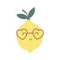 Funny lemon character with happy face. Vector cartoon illustration in simple hand-drawn Scandinavian style. Ideal for printing baby products.