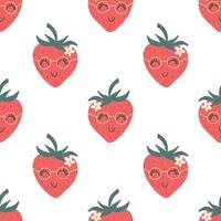 Strawberry creative seamless pattern. Funny red characters with happy faces. Vector cartoon illustration in simple hand drawn scandinavian style. Ideal for printing baby products