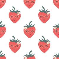 Strawberry creative seamless pattern. Funny red characters with happy faces. Vector cartoon illustration in simple hand drawn scandinavian style. Ideal for printing baby products