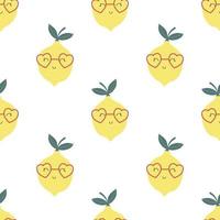 Lemon seamless pattern. Funny yellow characters with happy faces. Vector cartoon illustration in simple hand drawn scandinavian style.