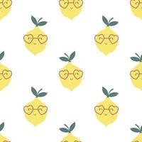 Lemon seamless pattern. Funny yellow characters with happy faces. Vector cartoon illustration in simple hand drawn scandinavian style.