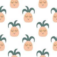 Pineapple seamless pattern. Funny tropical characters with happy faces. Vector cartoon illustration in simple hand drawn scandinavian style.