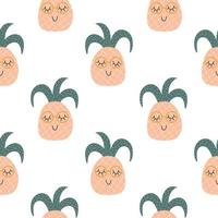 Pineapple seamless pattern. Funny tropical characters with happy faces. Vector cartoon illustration in simple hand drawn scandinavian style.