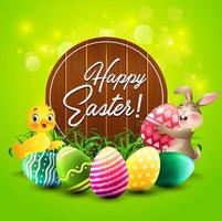 Easter greeting card with little rabbit, duck, colorful eggs, and a wooden sign vector