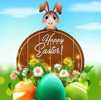 Cute Easter bunny with a wooden sign and colorful eggs in the garden vector
