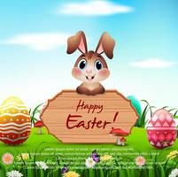Cute Easter bunny with a wooden sign and colorful eggs in the garden vector