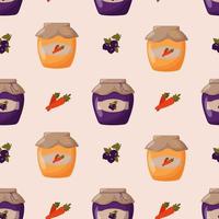 Glass jars of jam made of black currant and carrot with a closed lid seamless pattern. Cute vector illustration,jamPattern