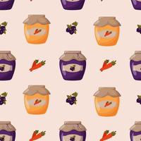 Glass jars of jam made of black currant and carrot with a closed lid seamless pattern. Cute vector illustration,jamPattern