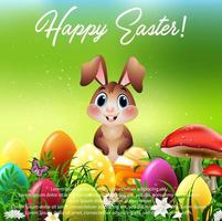 Cute little rabbit with Easter eggs in a field vector