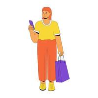 A young girl goes shopping. Flat vector illustration.