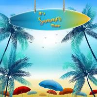 It's summer time background with palm trees and colorful umbrellas vector