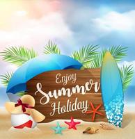 Enjoy summer holidays banner design with a wooden sign for text and beach elements vector