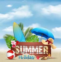 Summer holiday background with a wooden sign for text and beach elements