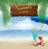 Summer holiday background with a wooden sign for text and beach elements vector