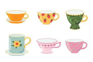 colección de tazas, platillos para té, café. decorativo cocina herramientas, cerámico vasos, cristalería para Mañana beber. casa utensilios conjunto de de colores tazas dibujos animados vector aislado ilustración