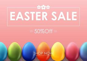 Easter sale banner with beautiful colorful eggs on red background vector