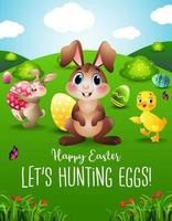 Easter bunny hunting Easter eggs with a little duckling on spring landscape vector