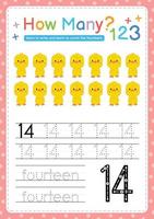 Numbers tracing template by counting Baby Animal Number 14 vector