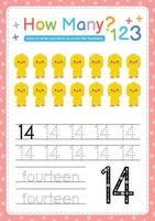 Numbers tracing template by counting Baby Animal Number 14 vector