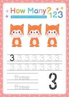 Numbers tracing template by counting Baby Animal Number 3 vector