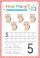 Numbers tracing template by counting Baby Animal Number 5 vector