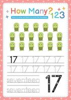 Numbers tracing template by counting Baby Animal Number 17 vector