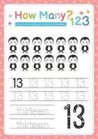 Numbers tracing template by counting Baby Animal Number 13 vector