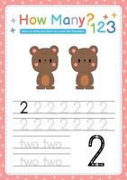 Numbers tracing template by counting Baby Animal Number 2 vector