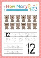 Numbers tracing template by counting Baby Animal Number 12 vector