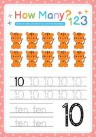 Numbers tracing template by counting Baby Animal Number 10 vector