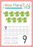 Numbers tracing template by counting Baby Animal Number 9 vector